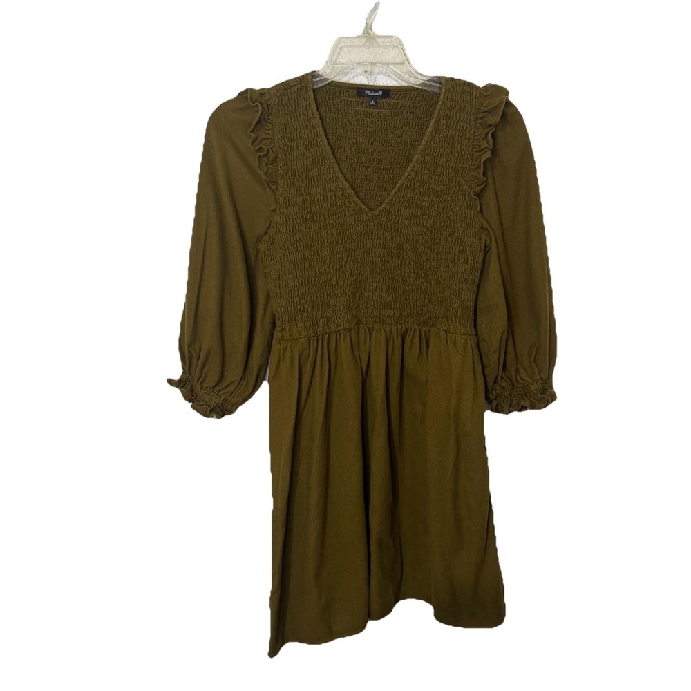 Madewell Dress Lucie M Flannel V-Neck Smocked Mini Brown‎ Long Sleeves